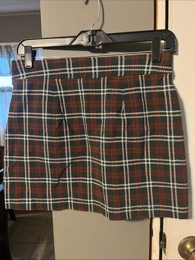 Plaid Mini Skirt in Brown, Green,  Cream
